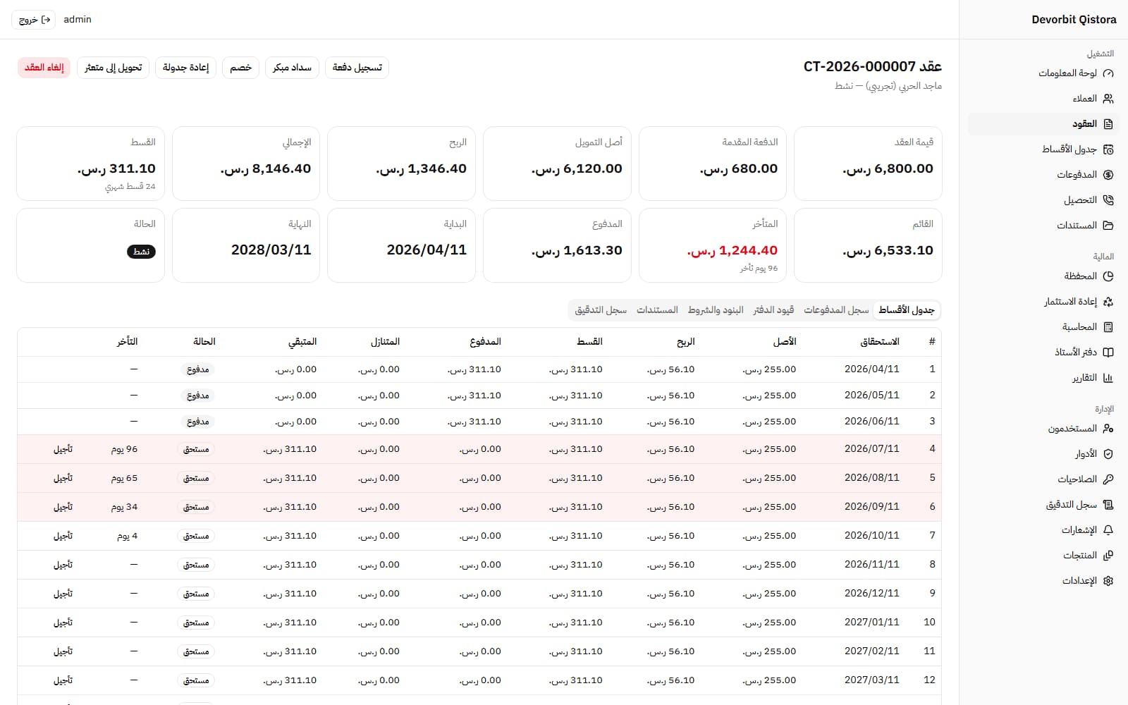 تفاصيل العقد: القيمة والدفعة المقدمة والربح والقائم والمتأخر، وجدول الأقساط مع التأجيل والإجراءات