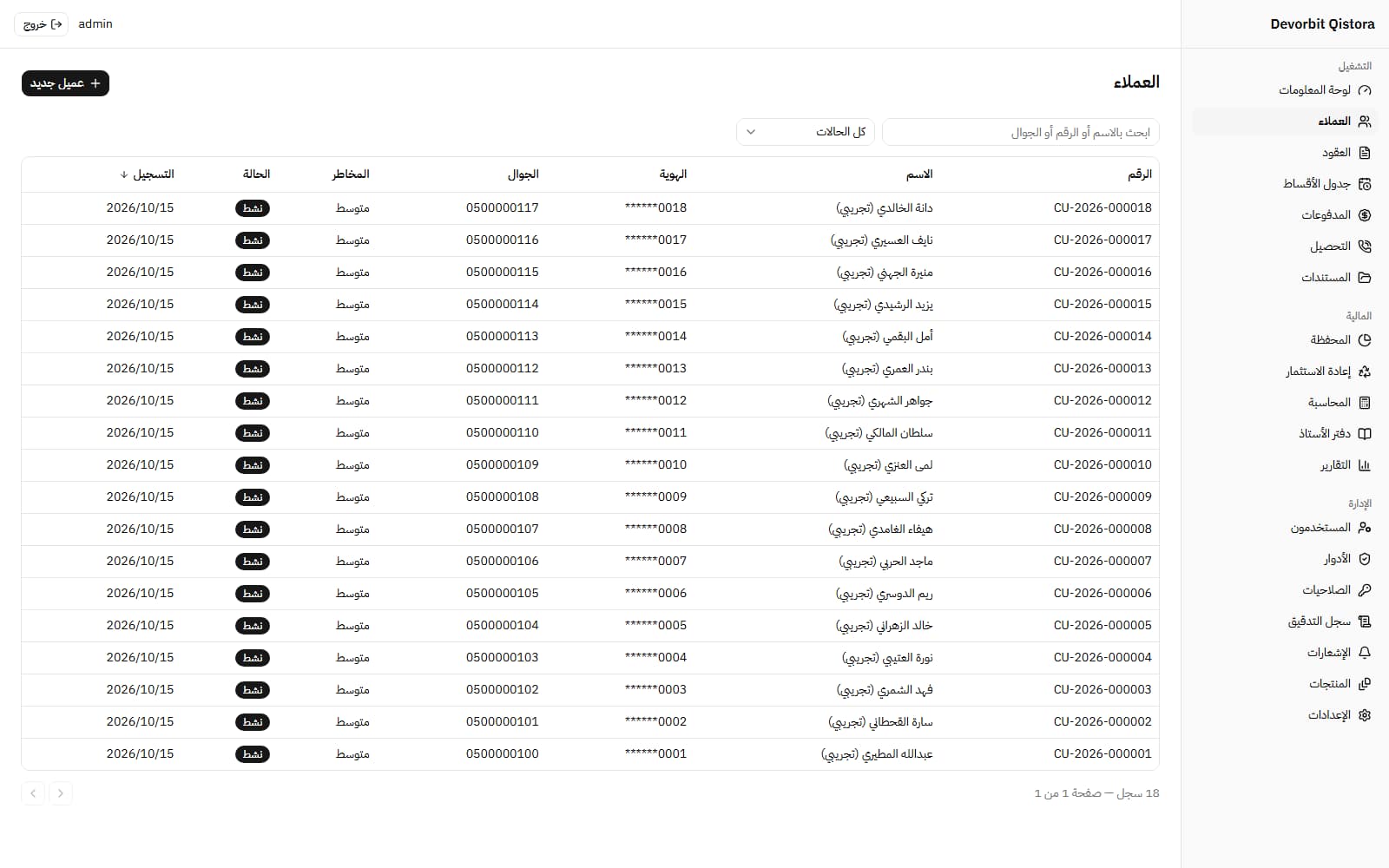 العملاء مع رقم الهوية المقنّع ودرجة المخاطر