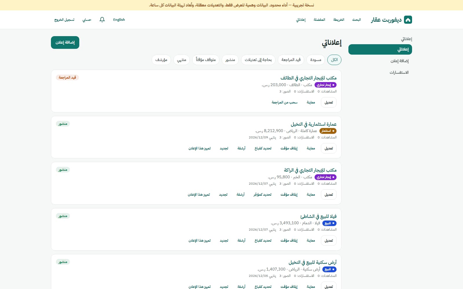لوحة المعلن: الإعلانات وحالاتها والمشاهدات والاستفسارات والإجراءات